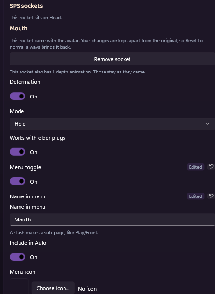 The SPS sockets settings block for a selected socket