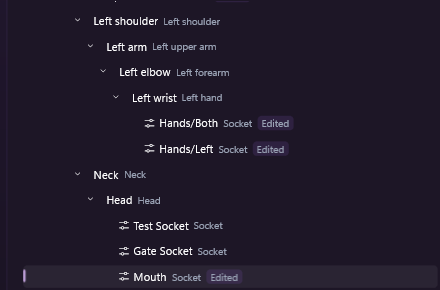 Socket rows under their bones in the Transform panel’s bone list